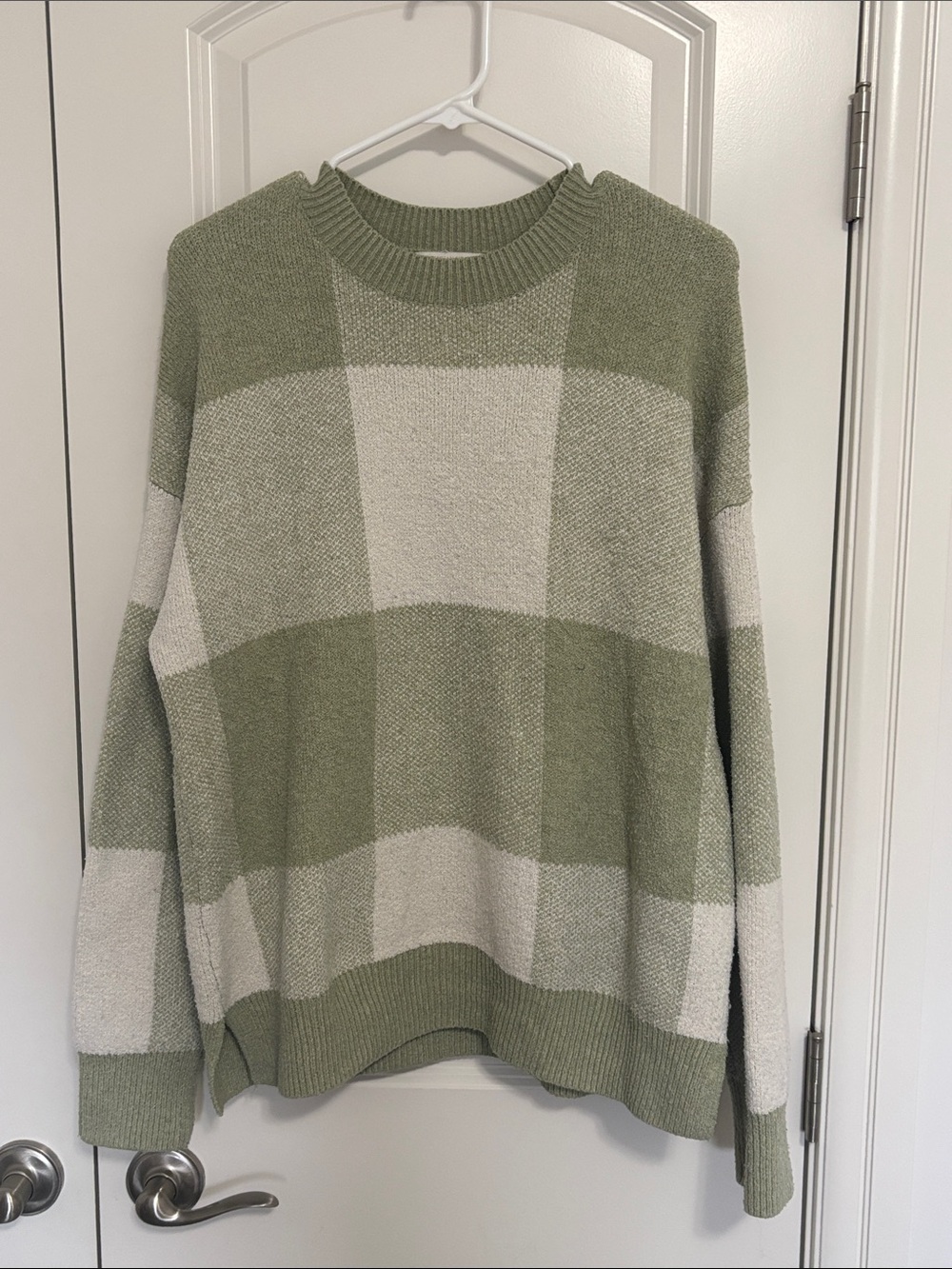 Christian Siriano Olive Green and Cream Block-Stripe Crewneck Sweater
